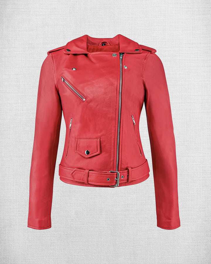 Stylish Red Leather Biker Jacket For Women in usa