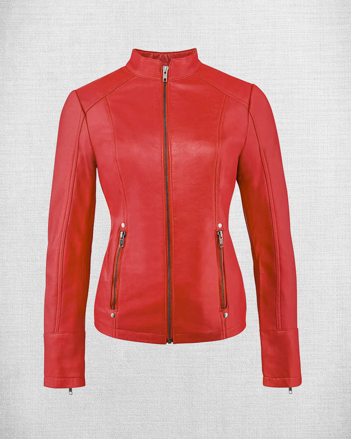 Women's Stylish Red Leather Biker Jacket
