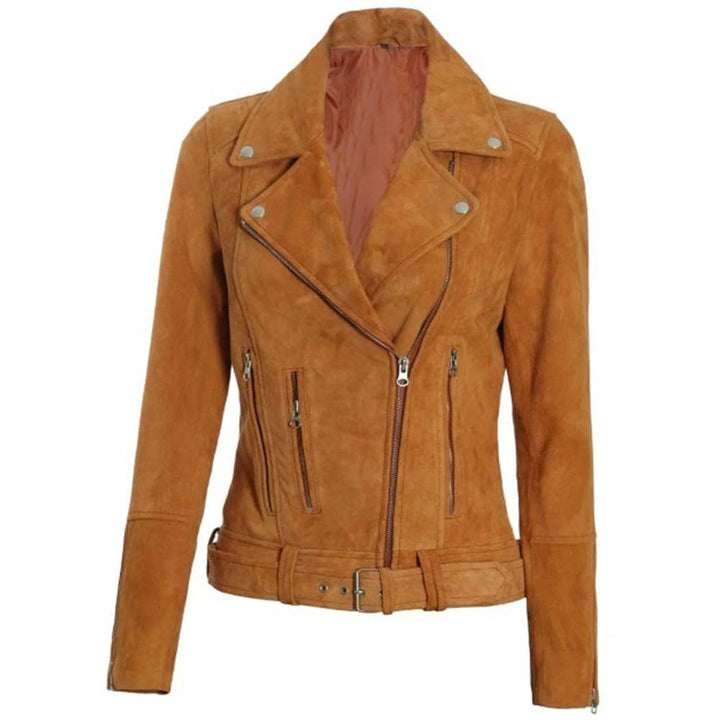 Brown suede biker jacket for women in France style