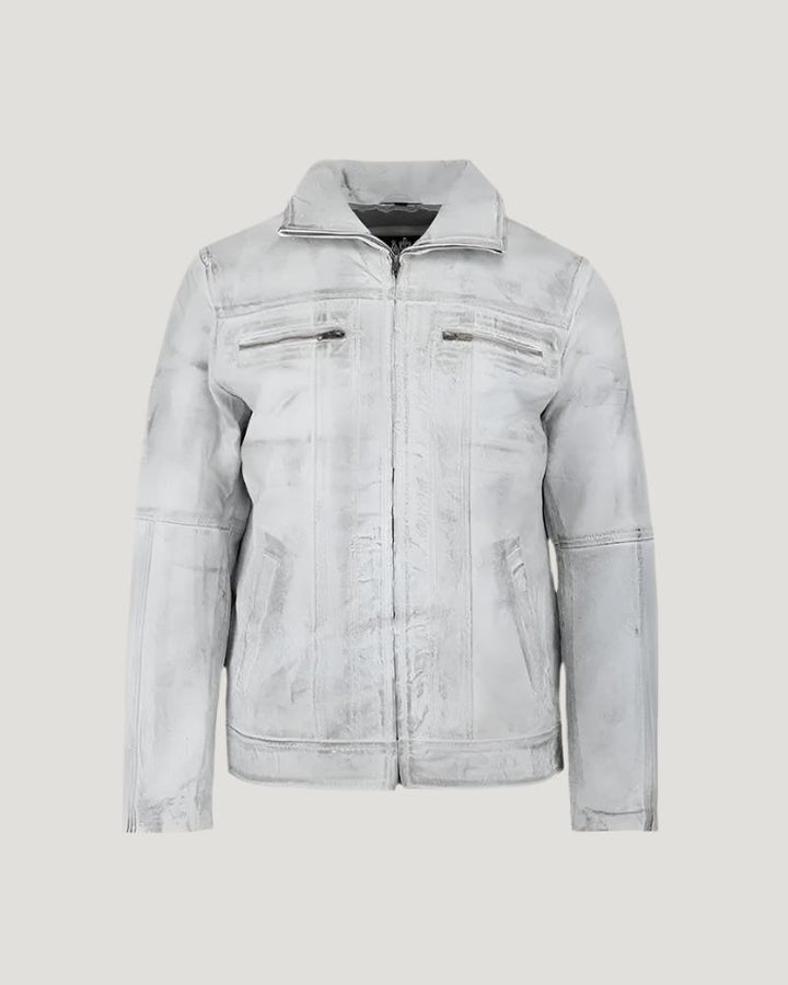 White wax leather biker jacket for men