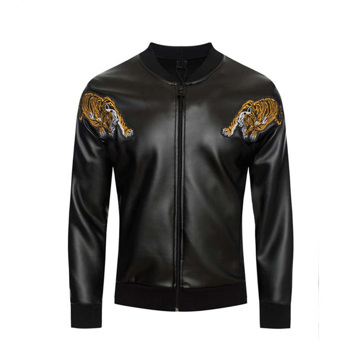 Trendy men’s bomber jacket featuring a tiger leather print in France style