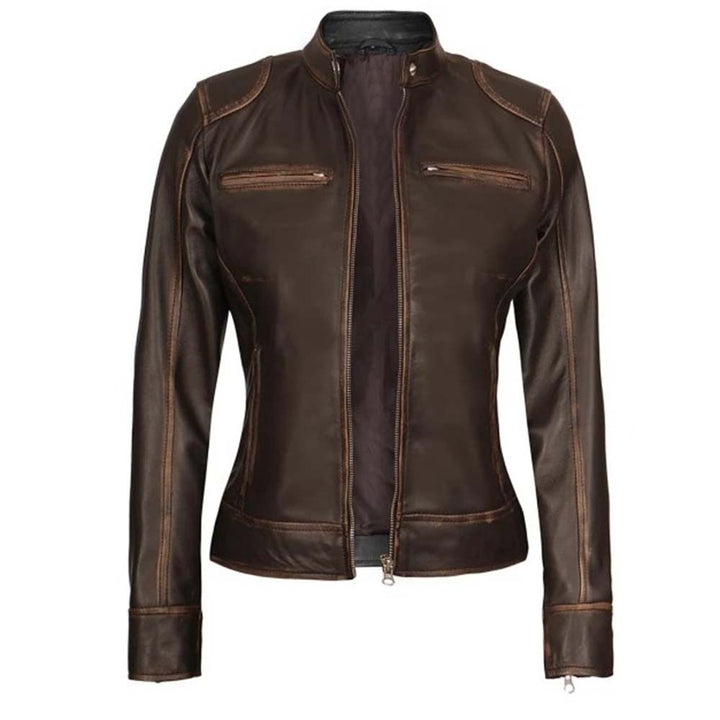 Women's rub off brown vintage leather jacket in USA market