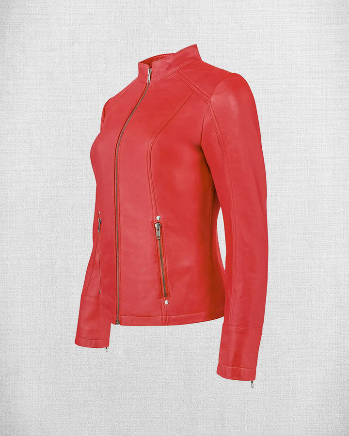 Unique Red Leather Motorcycle Jacket for Women
