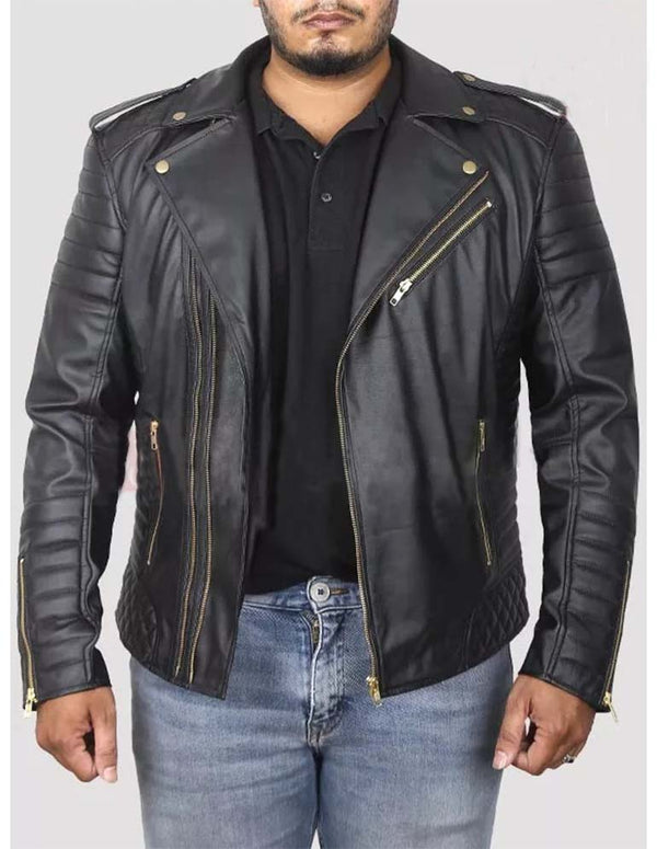 MEN’S BLACK LEATHER BIKER JACKET WITH GOLD ZIPPERS BY TJS