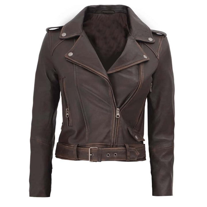 Women's dark brown distressed cropped leather biker jacket in USA