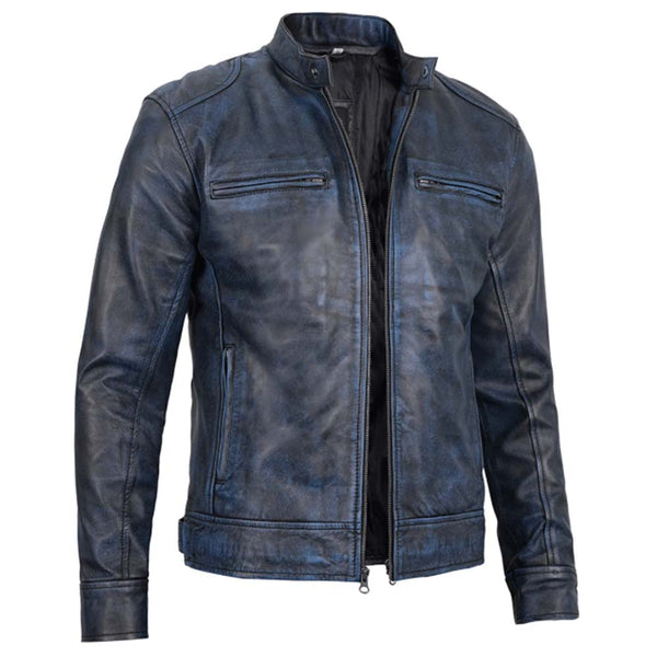 Mens Dodge Blue Waxed Cafe Racer Leather Jacket