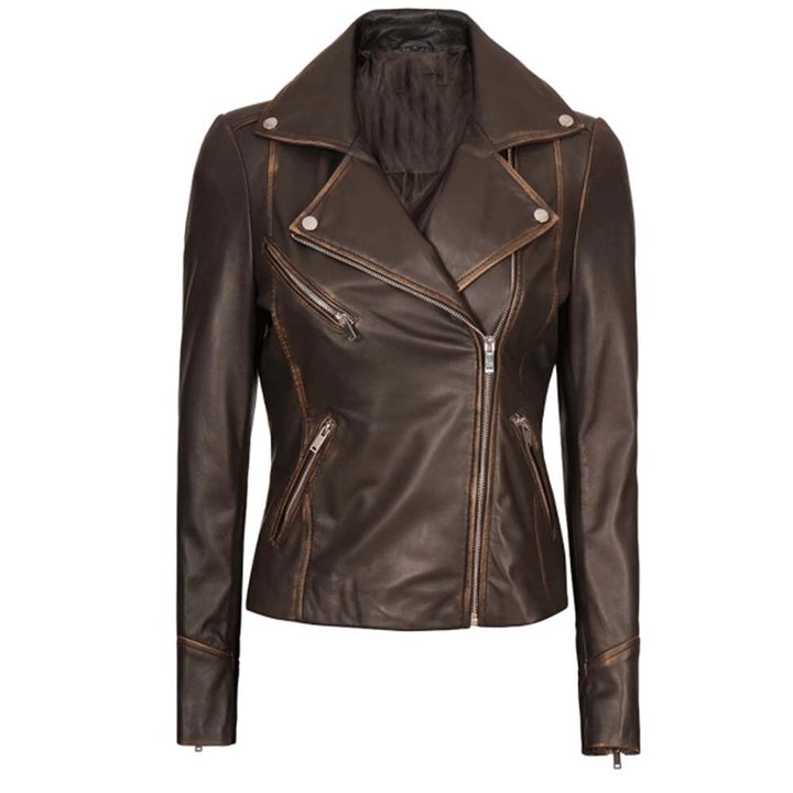 Women's brown vintage leather biker jacket by TJS in USA