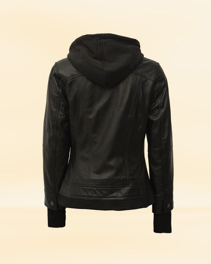 Trendy black bomber jacket with leather and hood in USA