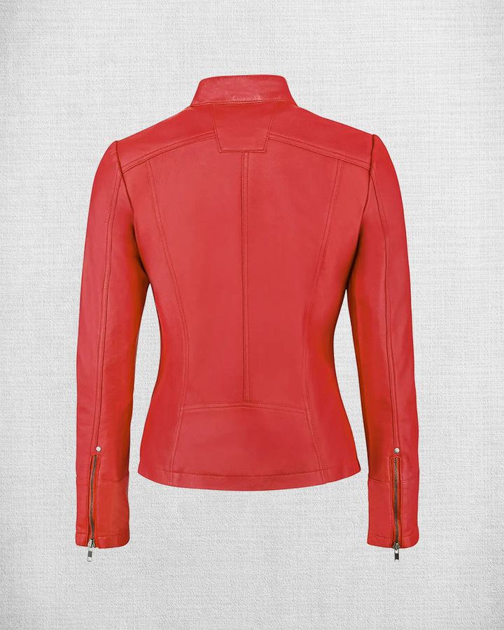 Chic Red Leather Biker Jacket with Unique Design
