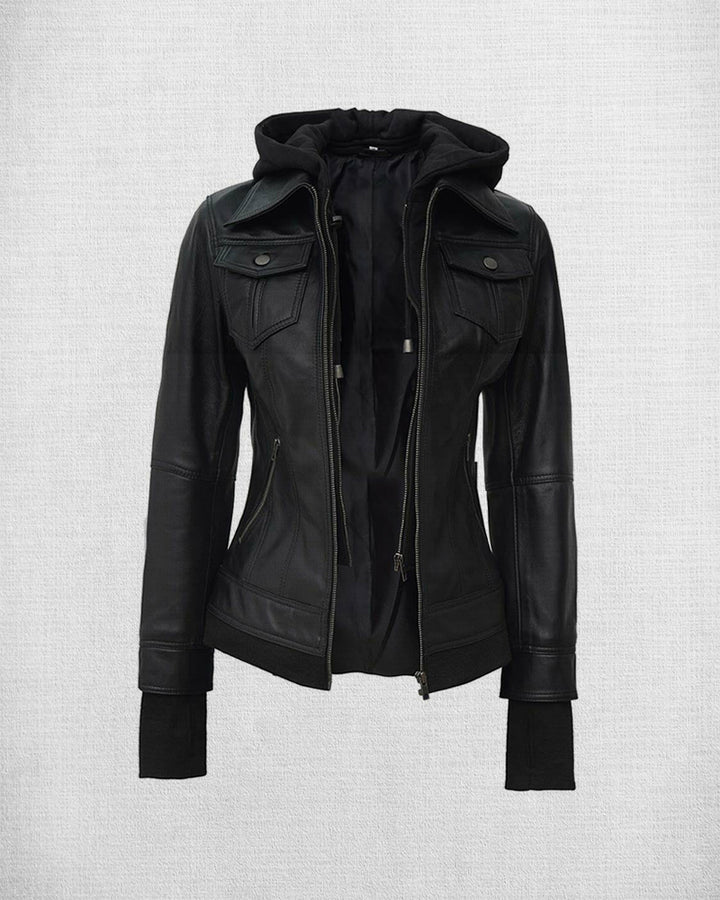 Stylish Women's Black Leather Bomber with Hood
