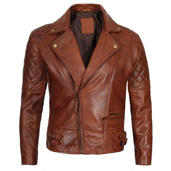 Men’s Quilted Cognac Waxed Leather Motorcycle Jacket