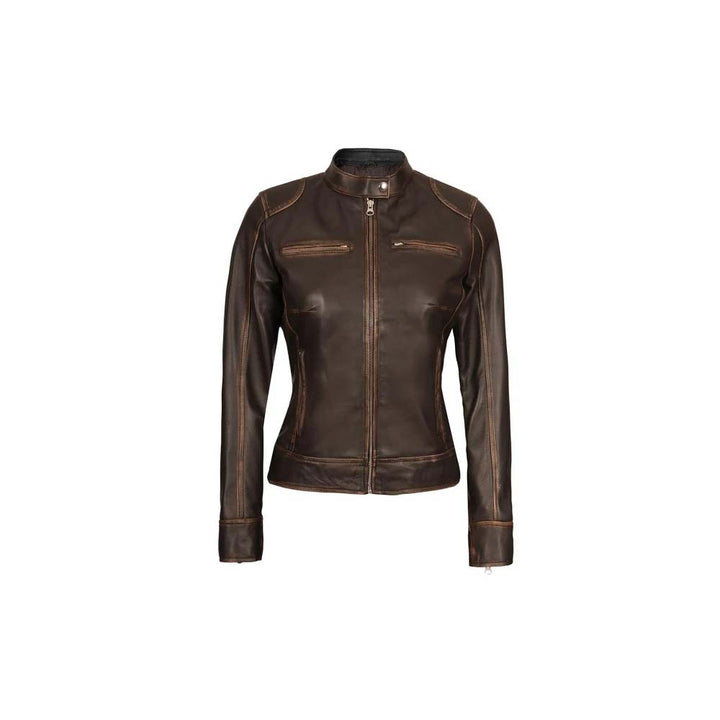 Rub off vintage leather jacket for women in France style