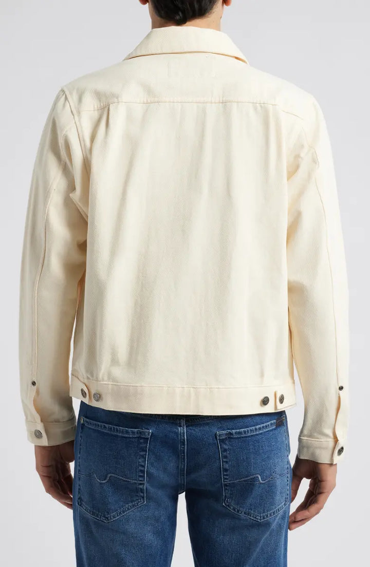 Casual trucker jacket made from durable cotton fabric in USA