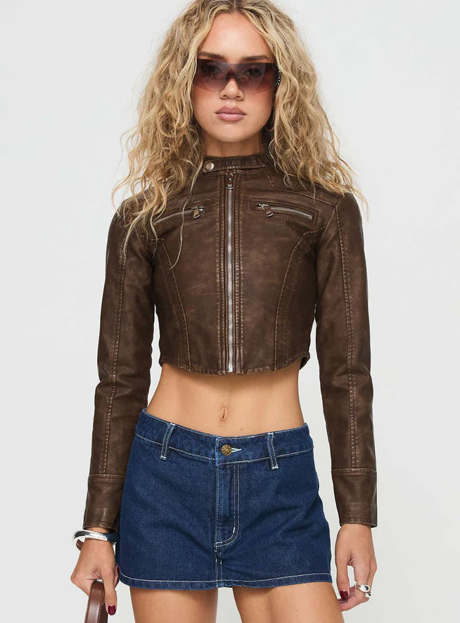 Stylish Brown Leather Jacket for Women, Cropped Design by TJS in France Syle