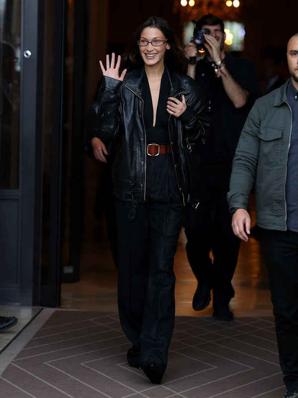 Chic Leather Jacket Worn by Bella Hadid at Paris Fashion Week
