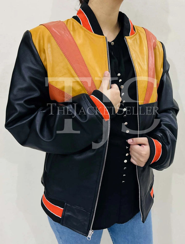 Black leather jacket with bold sun-inspired design on back