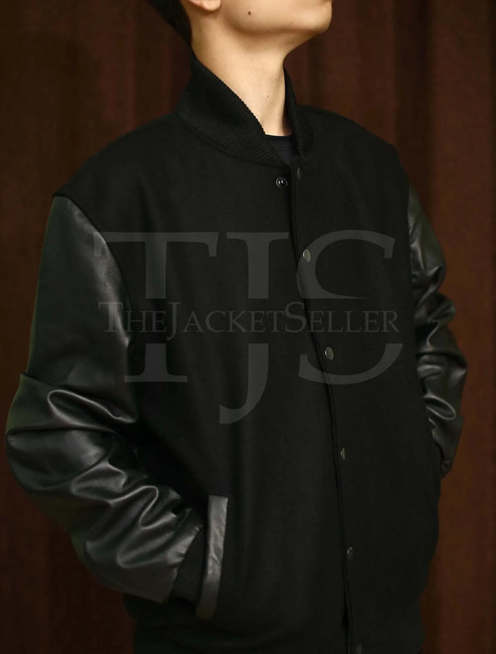 Timeless black varsity jacket for men with relaxed fit
