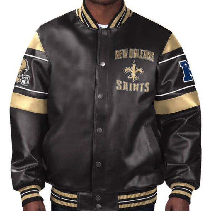 New Orleans Saints multicolor leather jacket with team design in USA