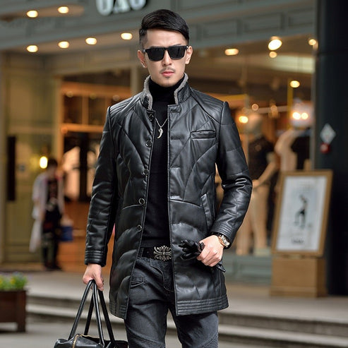 Haining Men's Down Leather Jacket for winter warmth in USA