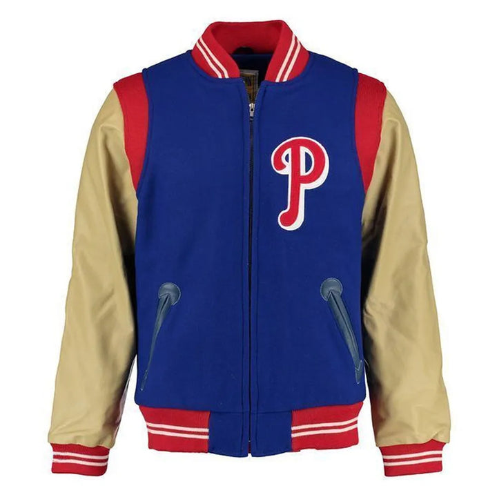 Blue and beige varsity jacket with a red and white logo on a white background in USA