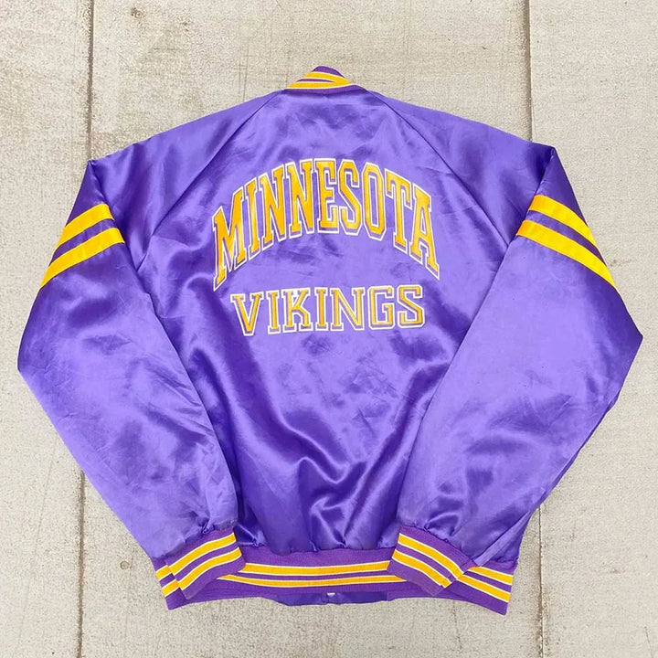 Retro purple satin Vikings jacket with snap closure

