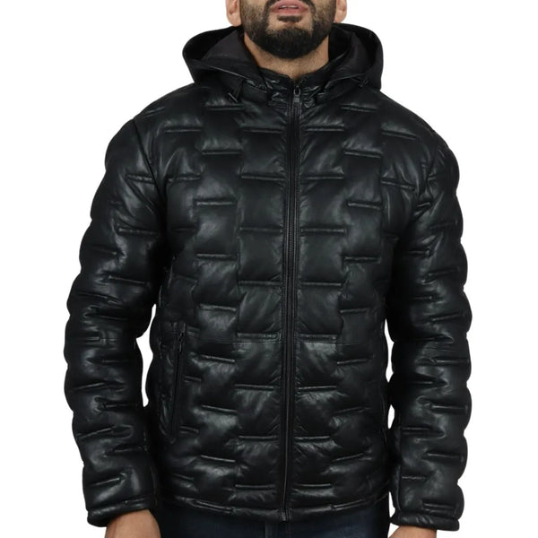 Men's quilted leather puffer jacket with attached hood