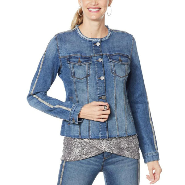collarless snake stripe denim jacket