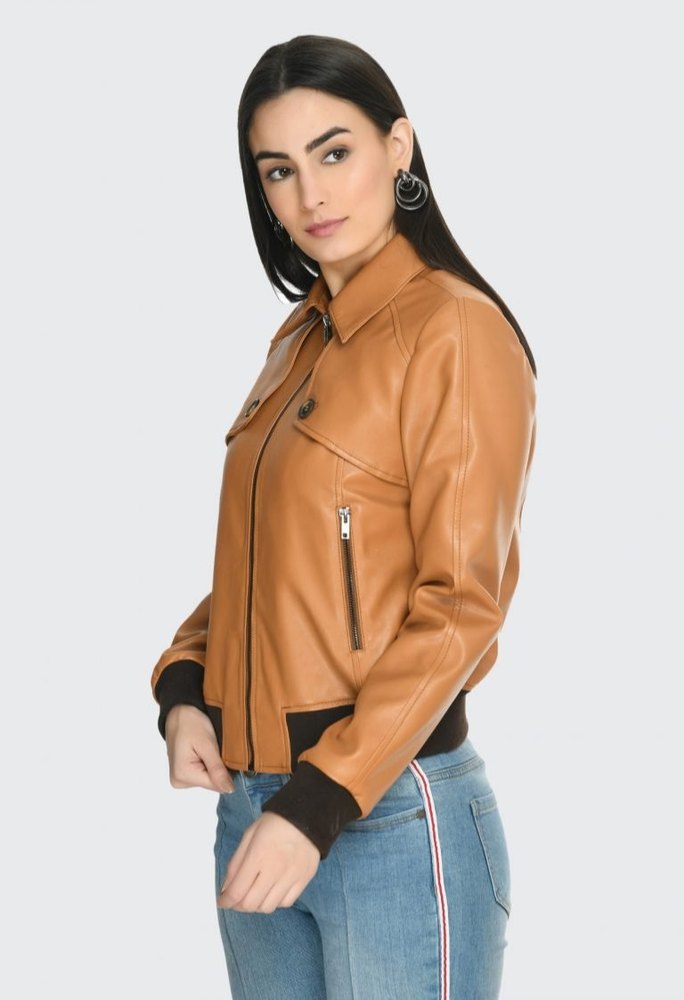 Women's black leather bomber jacket by TJS in USA market