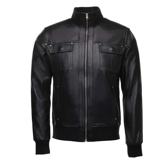 Black Leather Jacket with Straight Ribbed Collar in USA