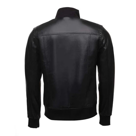 Stylish Black Leather Jacket Featuring Ribbed Collar Design in France style