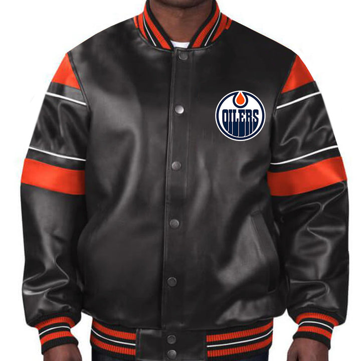 Embrace the Oilers' legacy with this sleek Edmonton Oilers leather jacket, a tribute to their storied history and your unwavering support in USA