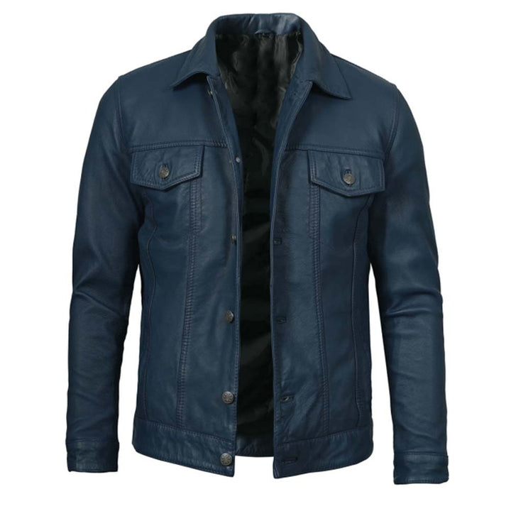 Men's blue washed leather jacket in France style