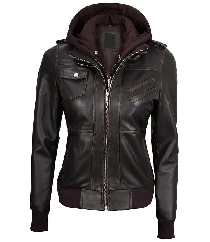 Stylish Dark Brown Leather Jacket for Women with Removable Hood in france style