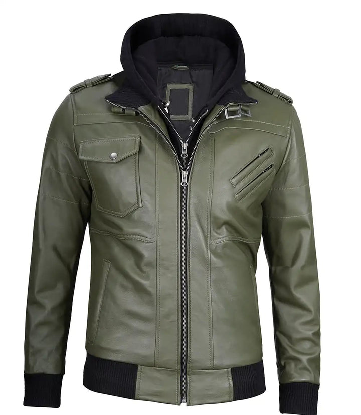 Men's Military Green Leather Jacket with Removable Hood in United state market