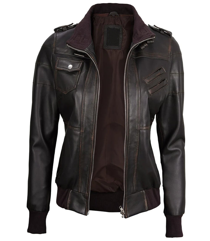 Women's Premium Dark Brown Rub Off Leather Jacket with Hood in United state market