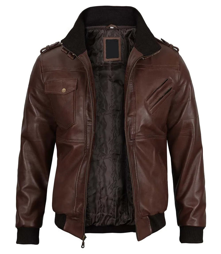 Men's Dark Brown Leather Bomber Jacket with Hood in USA