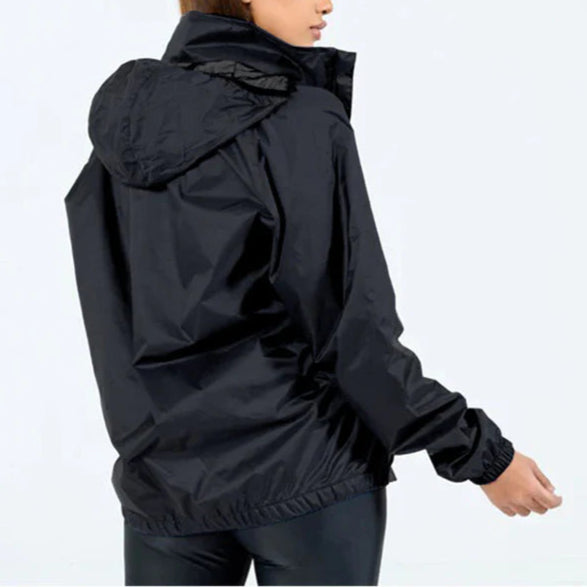 Person wearing a black raincoat on a white background