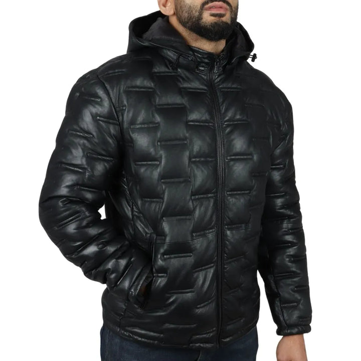 Men's hooded leather puffer jacket with functional pockets