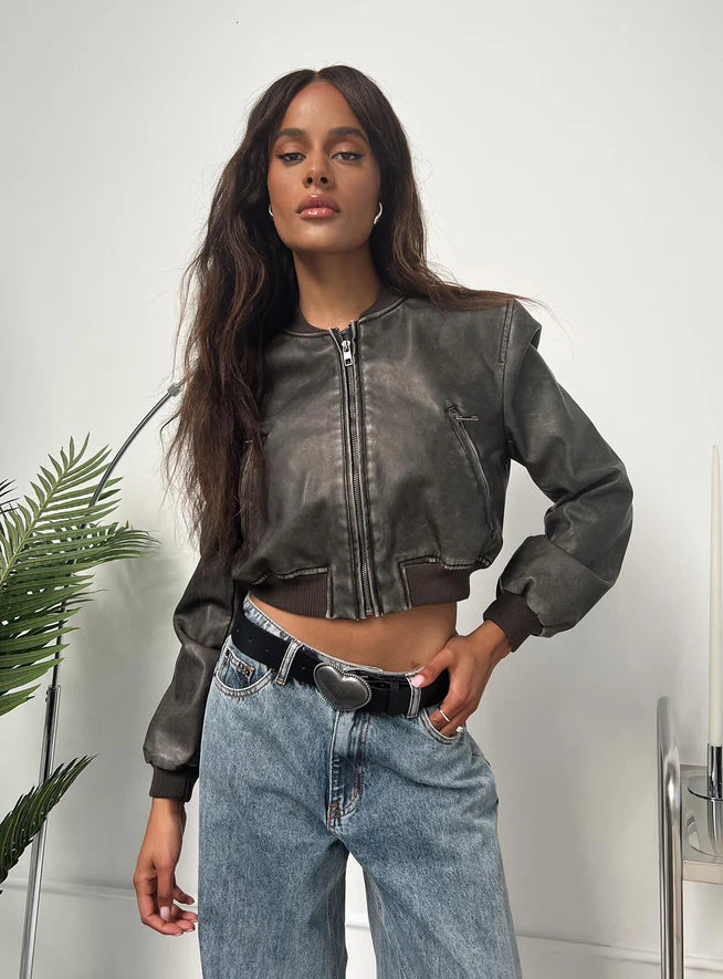 Fashion-Forward Women's Cropped Leather Jacket in Charcoal - TJS in American style