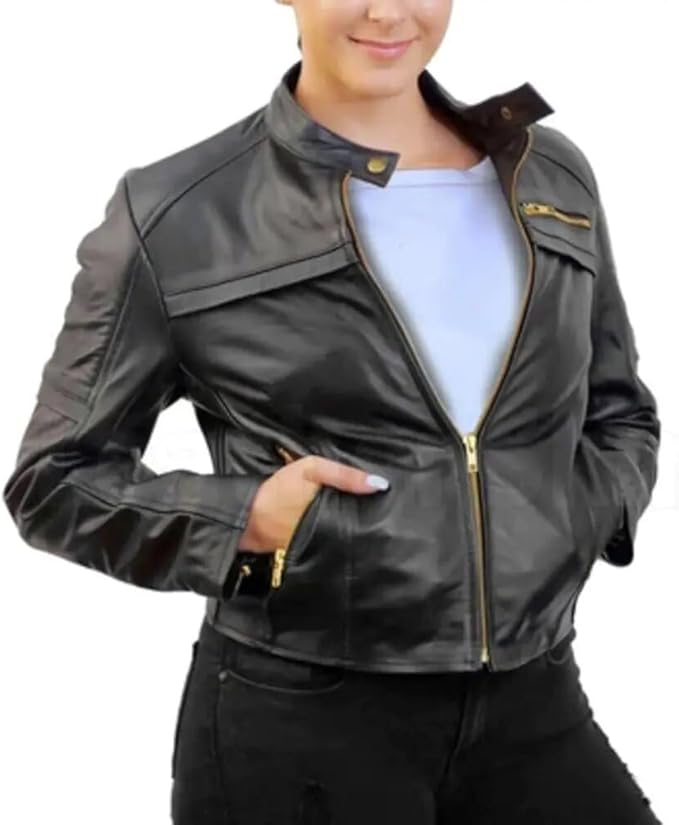 Cropped Real Leather Jacket for Women with Gold Zippers by TJS in USA