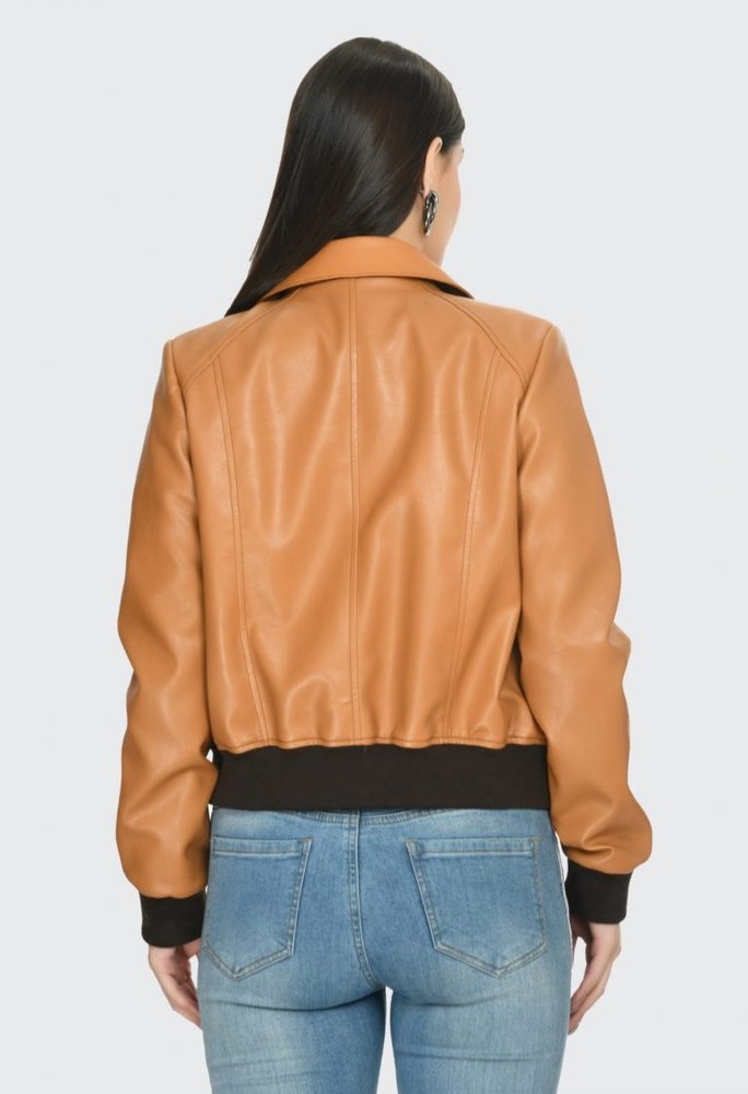 TJS elegant leather bomber jacket in American style