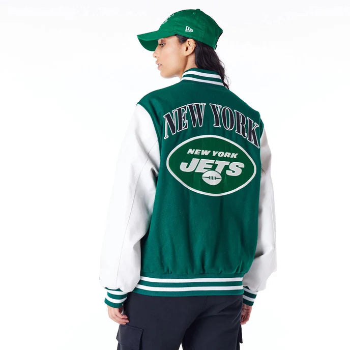 NFL New York Jets Patch Green Varsity Jacket Back View in United state market