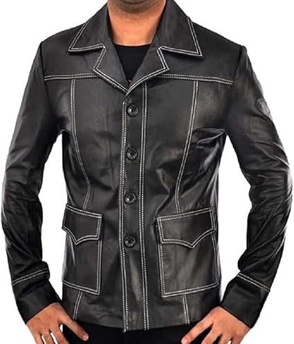 Men's black biker leather jacket with front zip closure in USA