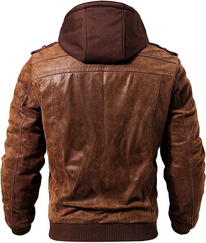 Men's Brown Hooded Leather Jacket in Genuine Leather