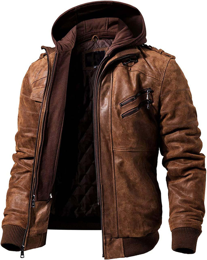 Men's Real Leather Jacket with Detachable Hood Brown