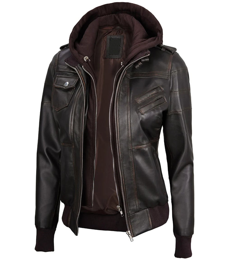 Elegant Dark Brown Leather Jacket for Women with Detachable Hood in American market