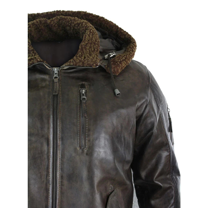 Vintage effect men's leather bomber jacket with fur-lined hood