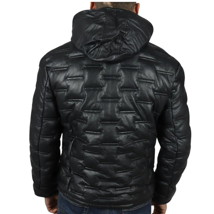 Men's contemporary quilted leather jacket with hood