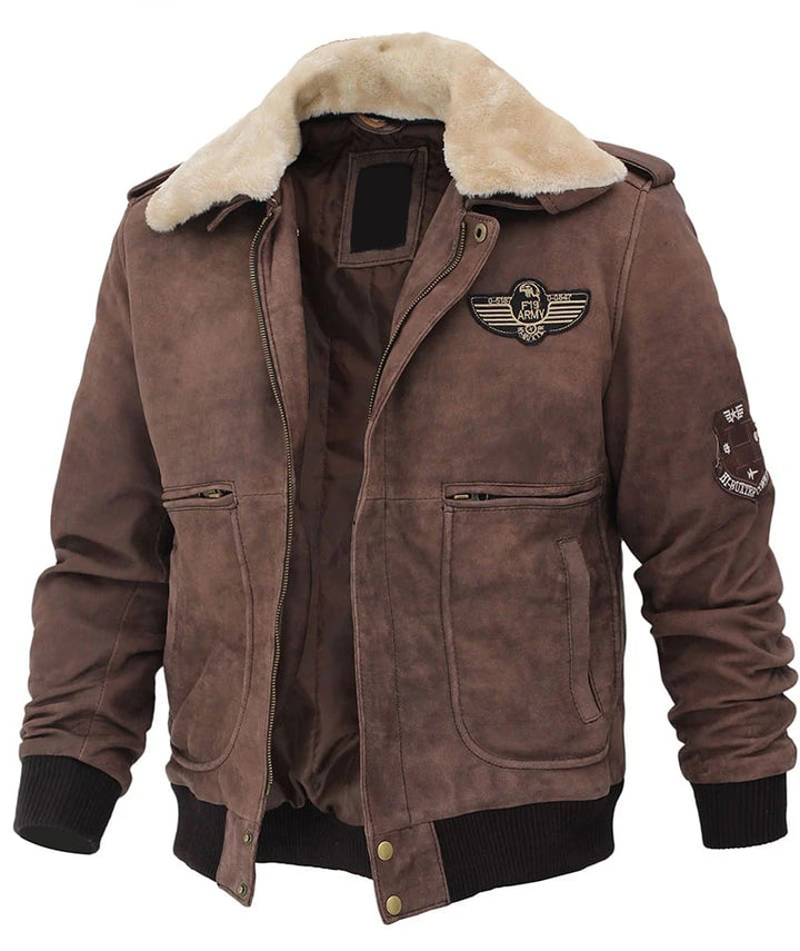 Brown Suede Leather Jacket with Shearling Collar and Military-Style Patches in USA