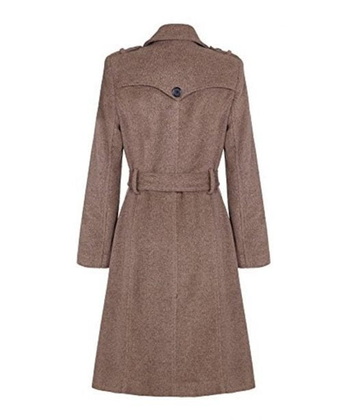 Military-inspired wool coat for women with waist tie and tailored fit in USA